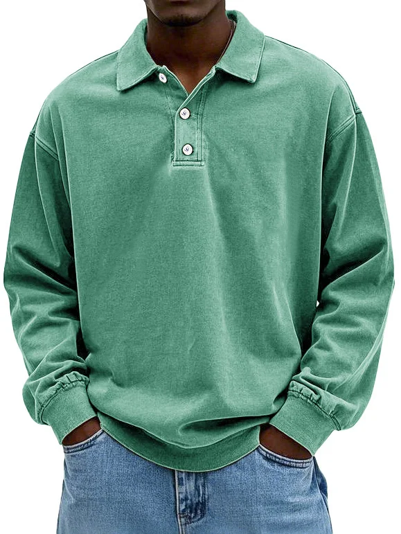 🌈Men's Fashion Retro Washed Distressed Cotton Lapel Long Sleeve Polo Shirt