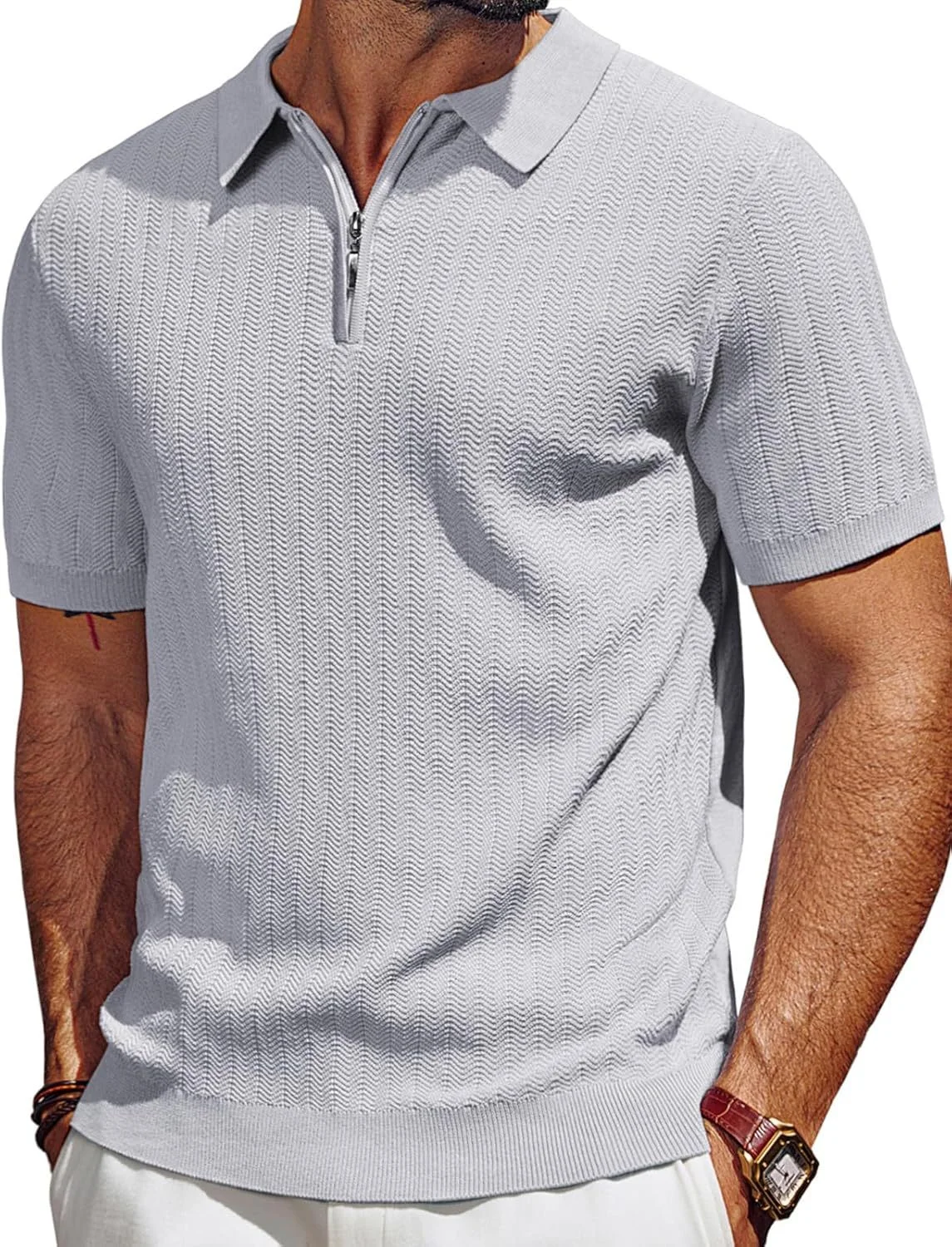 🎉Men's Polo Shirts Quarter Zip Textured Knit Shirts Summer Shirt